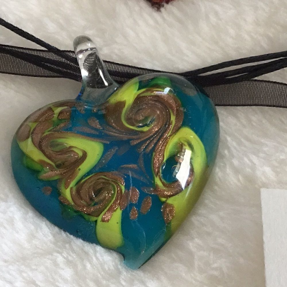 Lot of 3 glass heart necklaces wit cord & ribbon